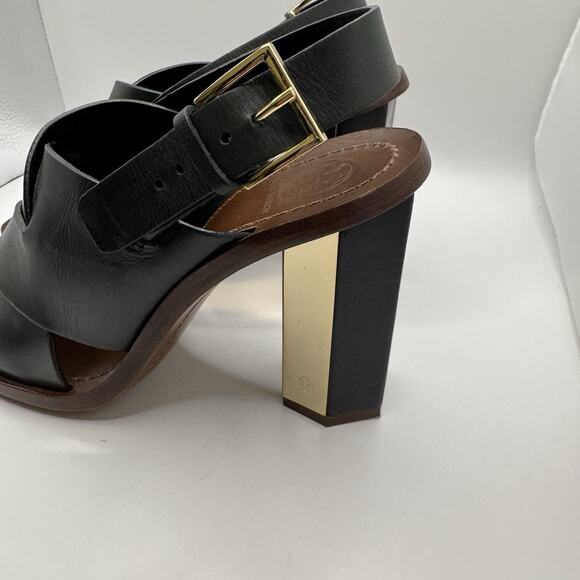 Tory Burch Bleeker Black Leather Slingback Gold Heels Sandals size 6.5 Designer - Picture 3 of 16